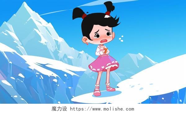 小女孩站在冰川上七色花儿童故事AI插画